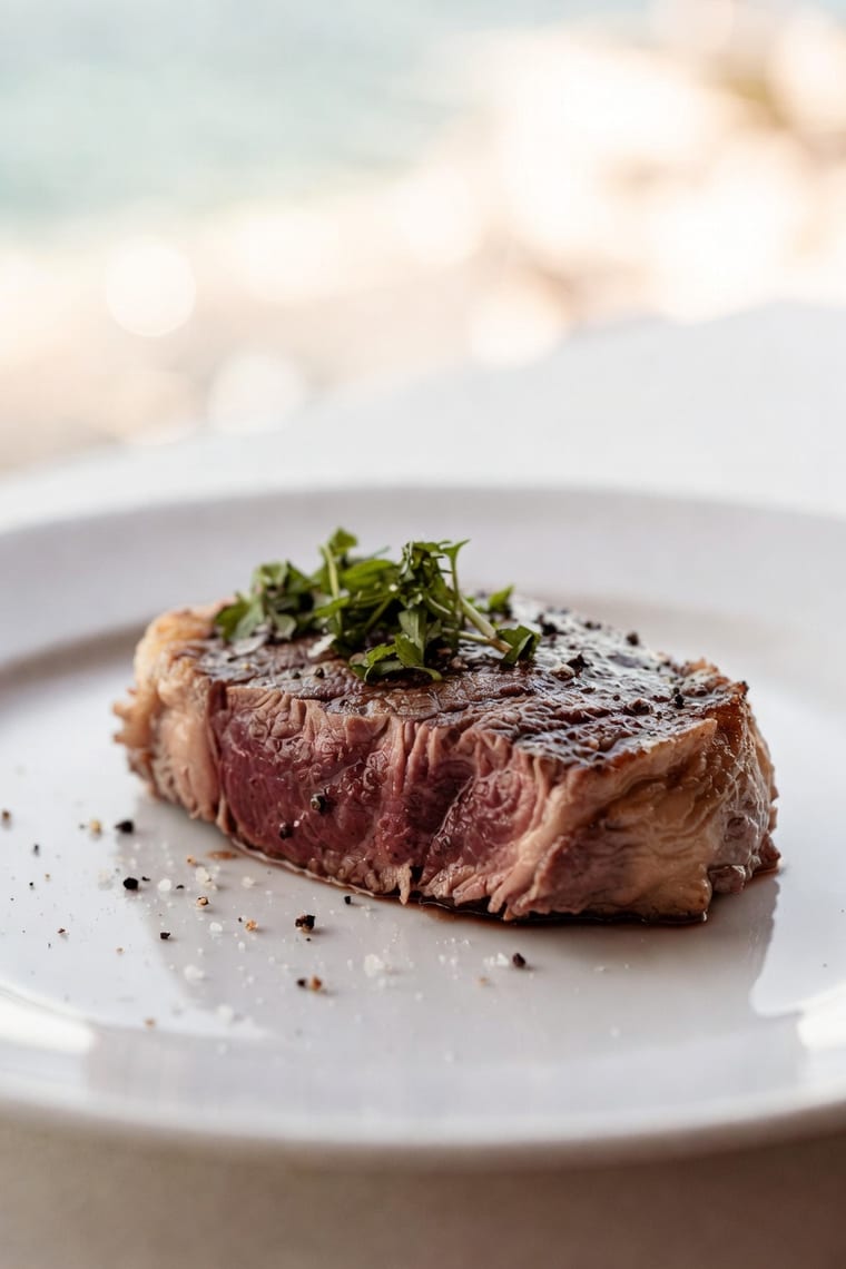 Flame-grilled steak by the sea